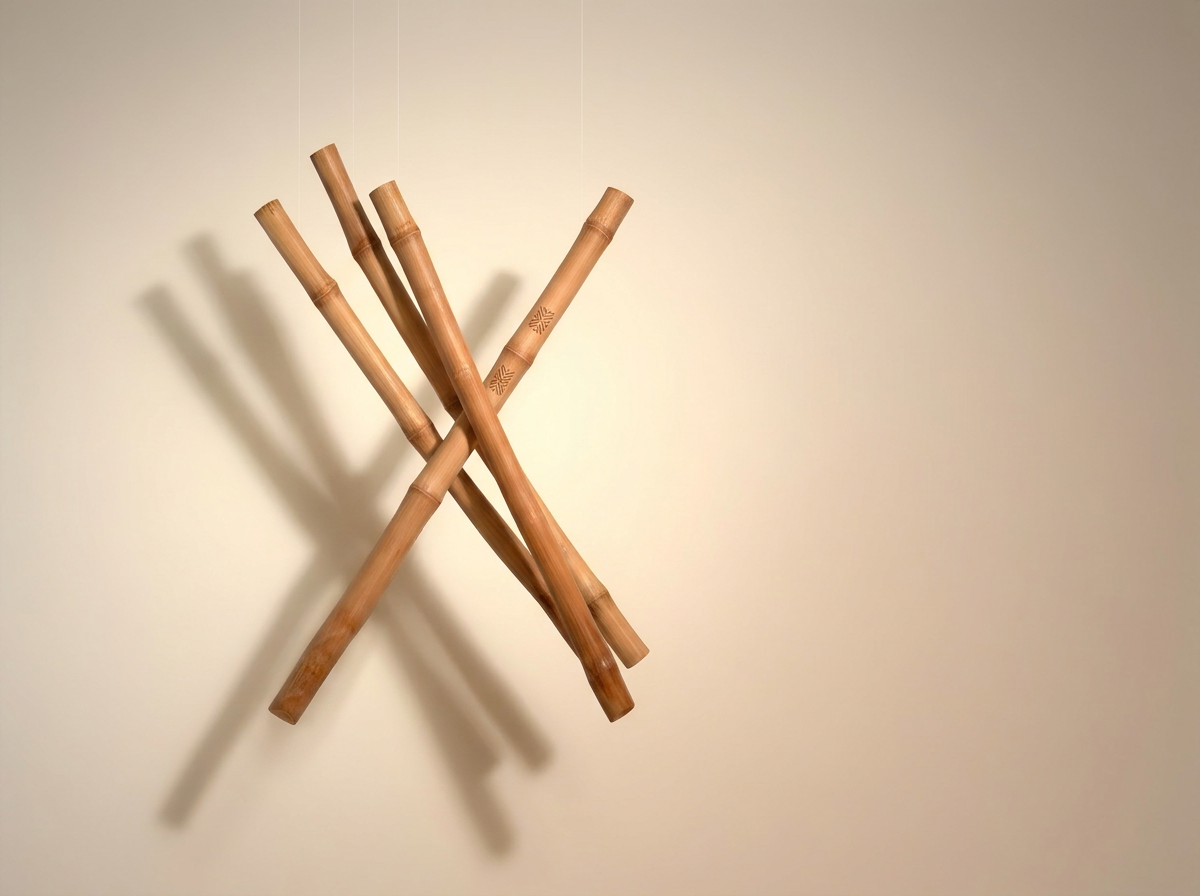 Rattan canes crossed and suspended mid-air, engraved with Kawayan Martial Arts School logo, Arnis Escrima weapons display