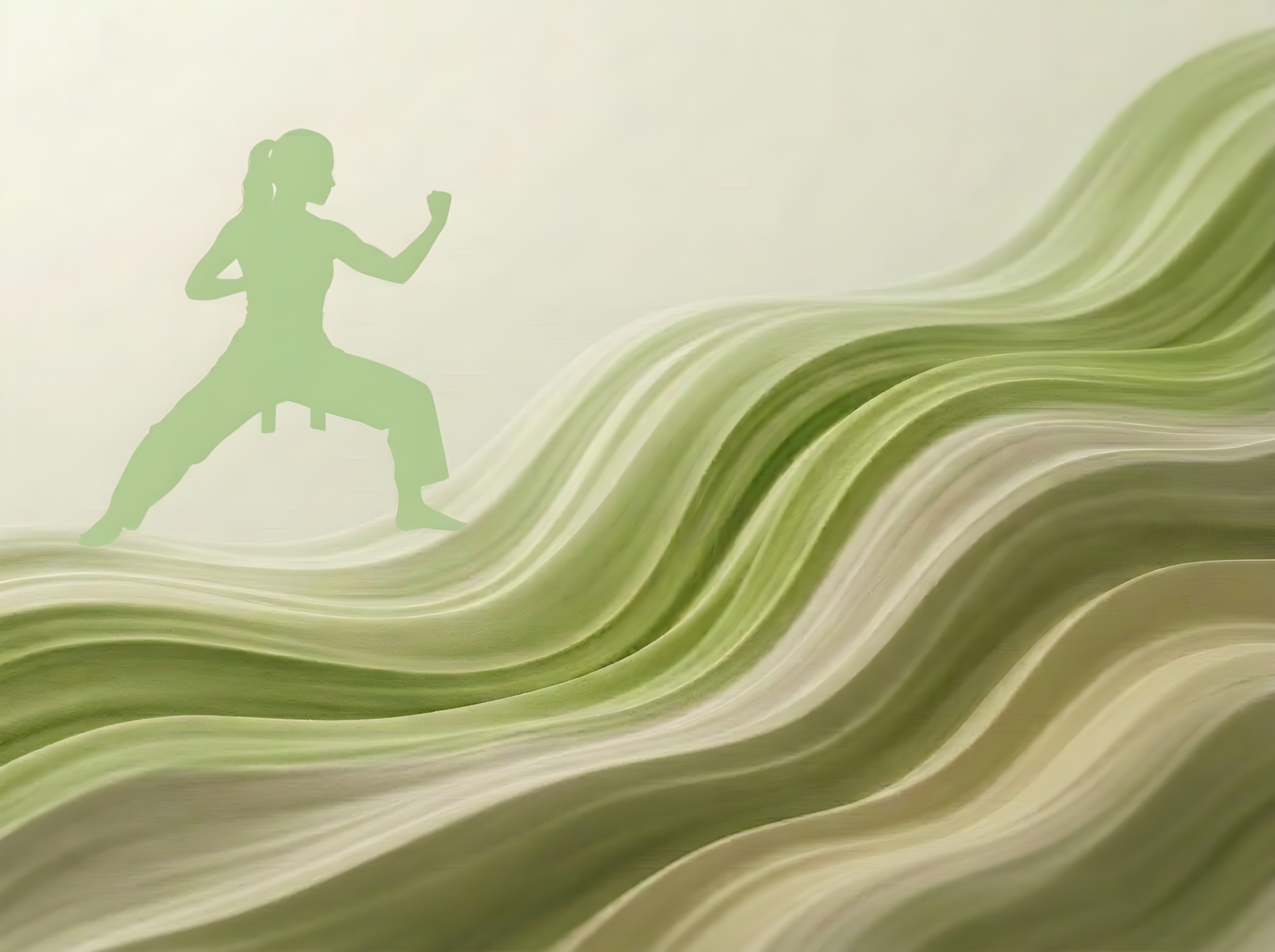 Green silhouette of martial artist in fighting stance over flowing abstract waves, decorative image for Kawayan Martial Arts School website