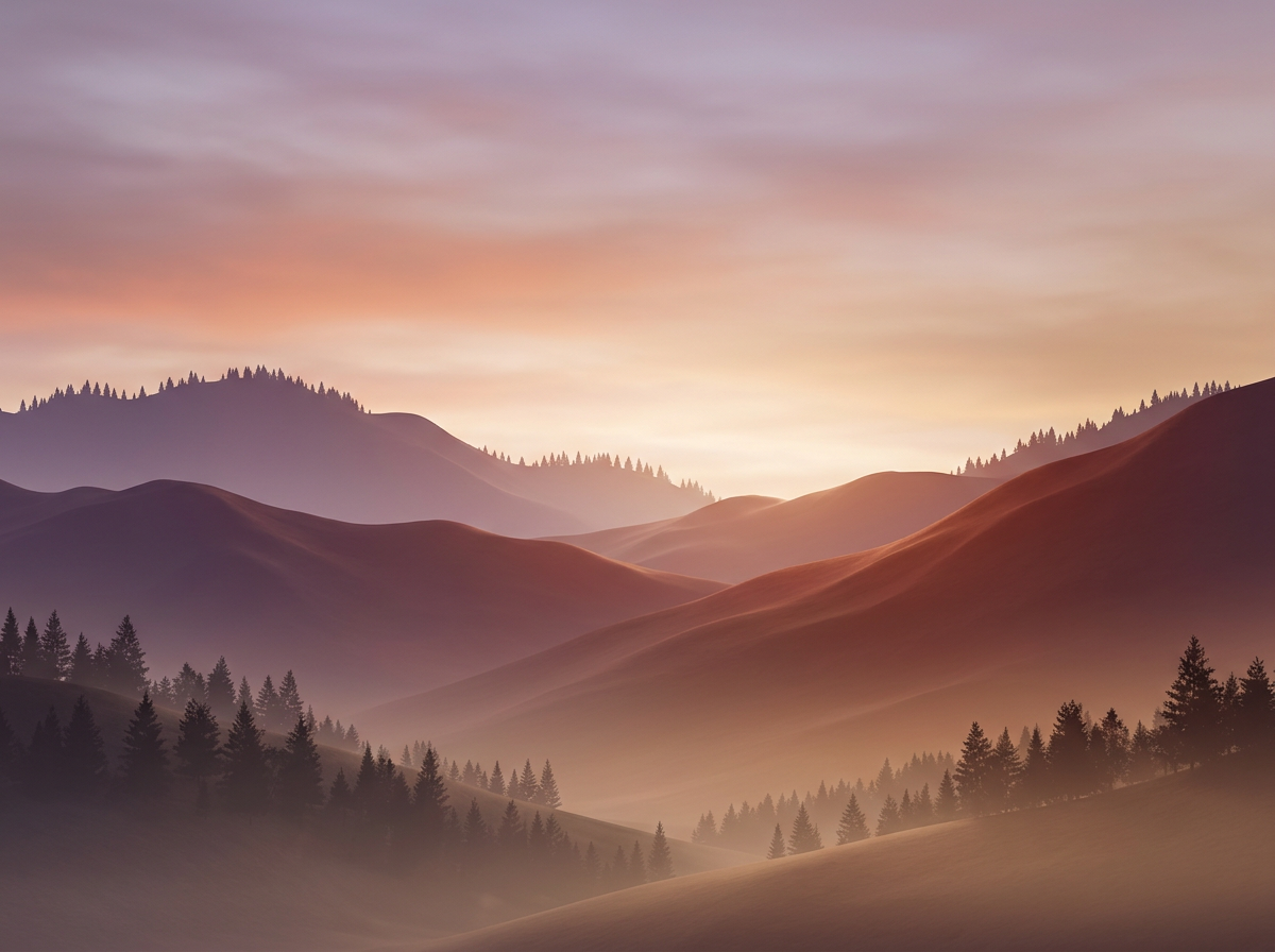 Illustrated misty mountain landscape at sunrise with pine forest silhouettes, decorative background image for Kawayan Martial Arts School website