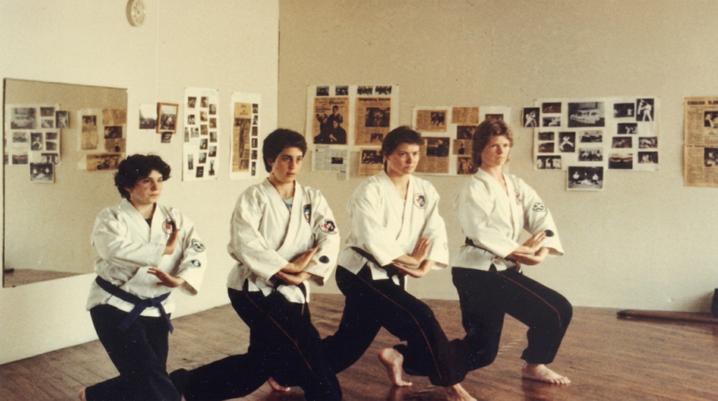 Vintage photo of four martial artists in horse stance with crossed arms, traditional karate training