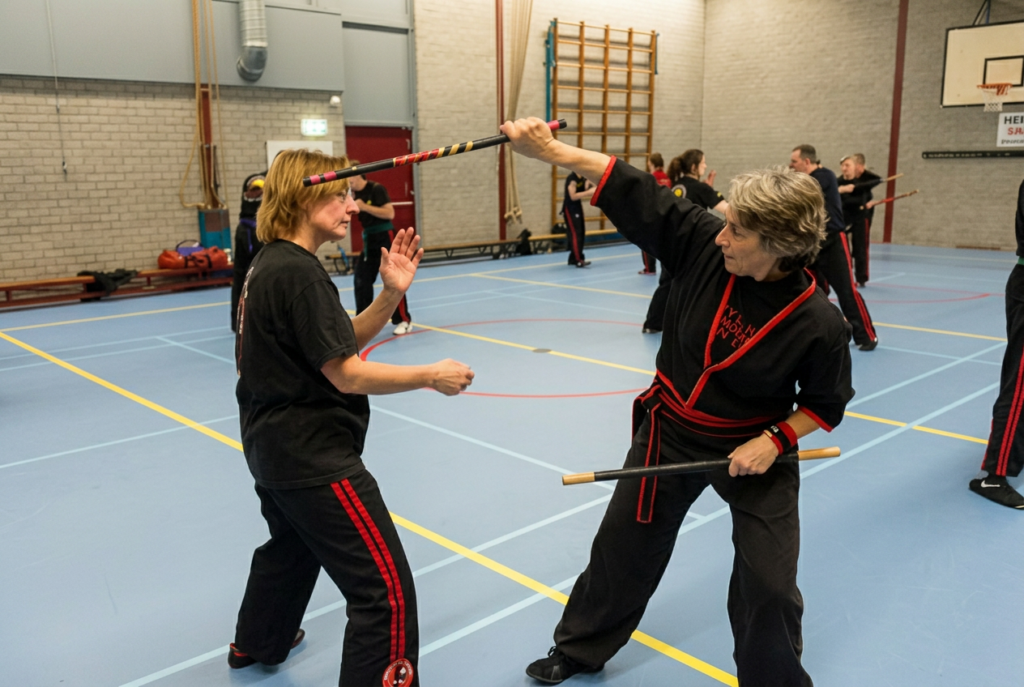 Two women practicing Modern Arnis stick fighting techniques during a martial arts class in a sports hall, Gemert Netherlands
