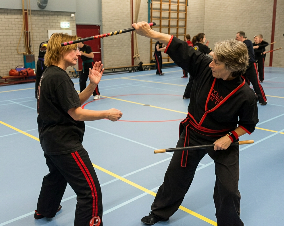 Two women practicing Modern Arnis stick fighting techniques during a martial arts class in a sports hall, Gemert Netherlands