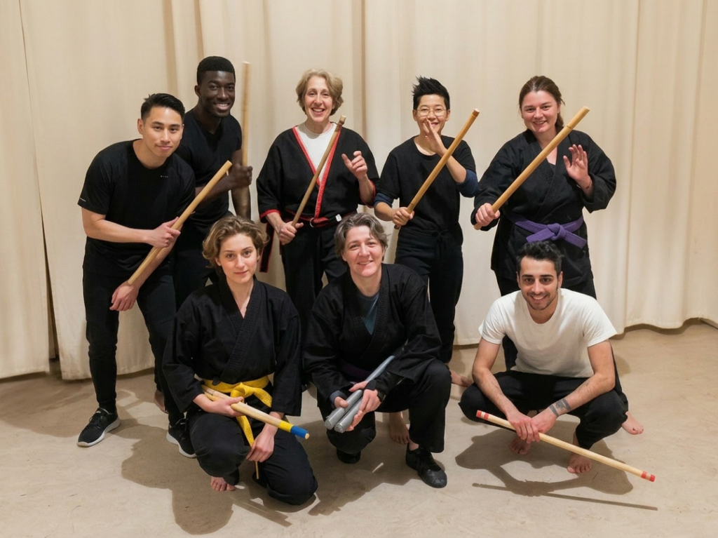 Diverse group of Arnis students posing with rattan canes after a Kawayan Martial Arts School class, Noord-Brabant Netherlands