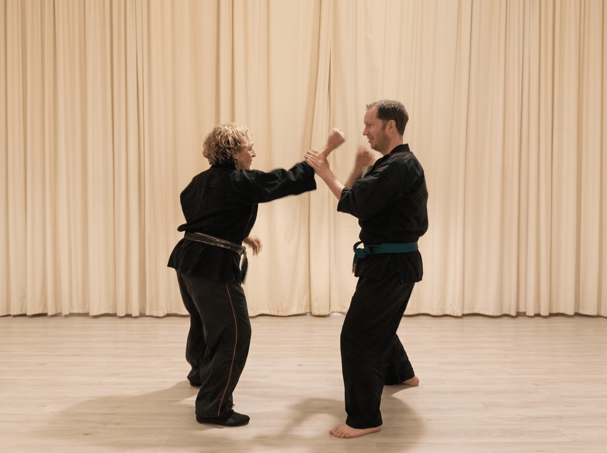 Beth Holt and student practicing Arnis cane sparring technique, Kawayan Martial Arts School Netherlands