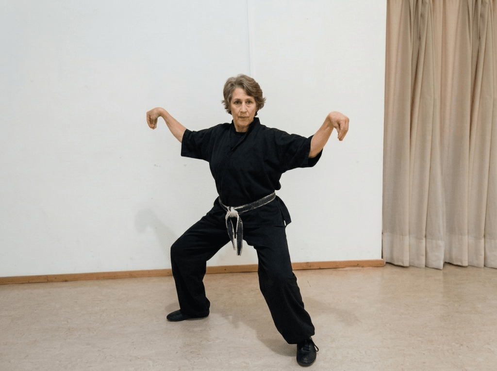 Beth Holt demonstrating Shuri Ryu Karate fighting stance with black belt, Kawayan Martial Arts School Netherlands